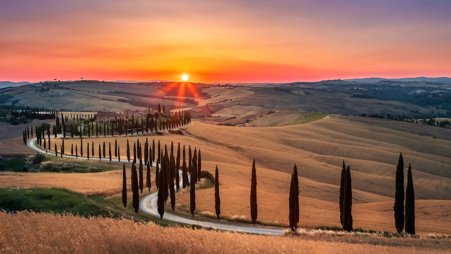 Image of the beautiful countryside at sunset in Siena, Italy