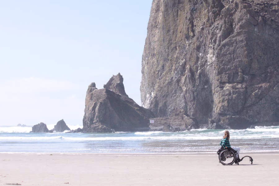 Lisa enjoying the wide expanse of a Californian beach.