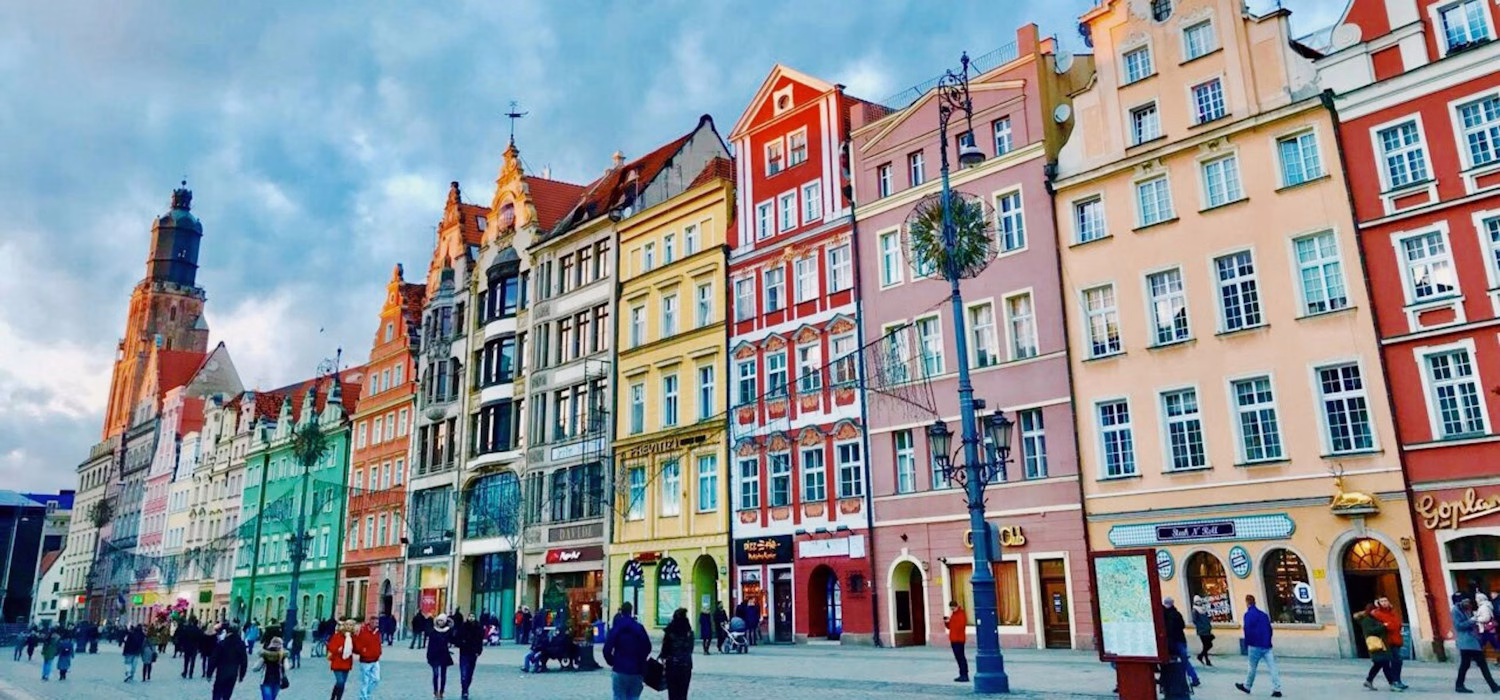 Image of a row of colourful houses in Wroclaw, Poland