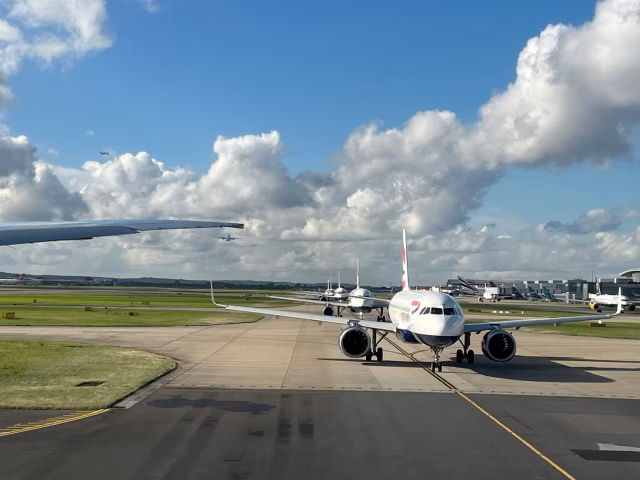 Image of aeroplanes waiting to take-off at London Heathrow