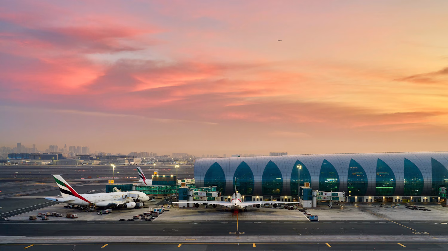 Image looking across Dubai Airport at sunset